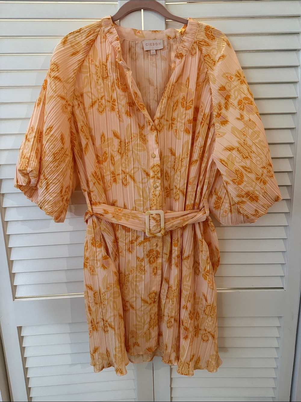 Ciebon Peach Floral Pleated Belted Dress